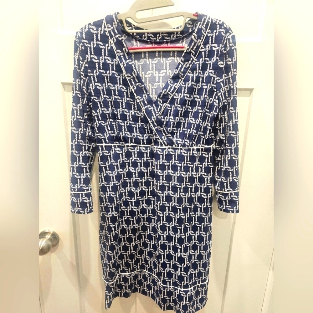 Lands’ End Navy Rope Print Dress XS Nautical Stretch Knit 3/4 Sleeve